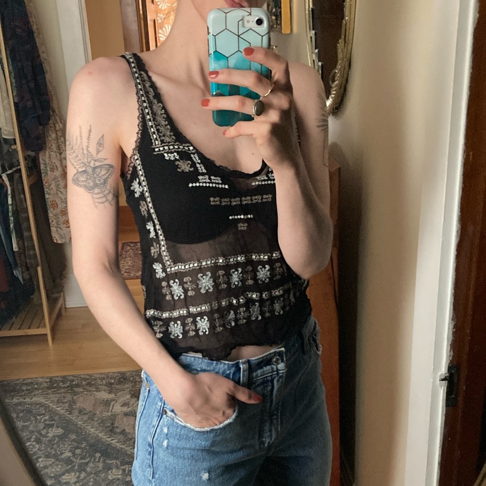 UO Ecote Embroidered Black Sleeveless Top